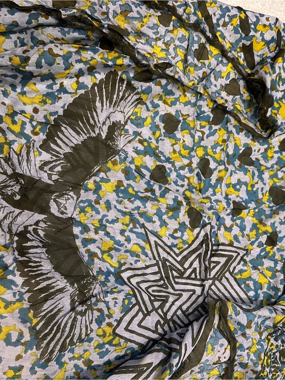 BCBGeneration Blue, Yellow & Gray Feather and Star Print Scarf